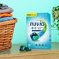 Nuvia 4in1 laundry pods packaging with laundry basket and clothes on a light blue background