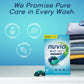 Nuvia laundry pods packaging with text 'We Promise Pure Care in Every Wash' on a blue background.