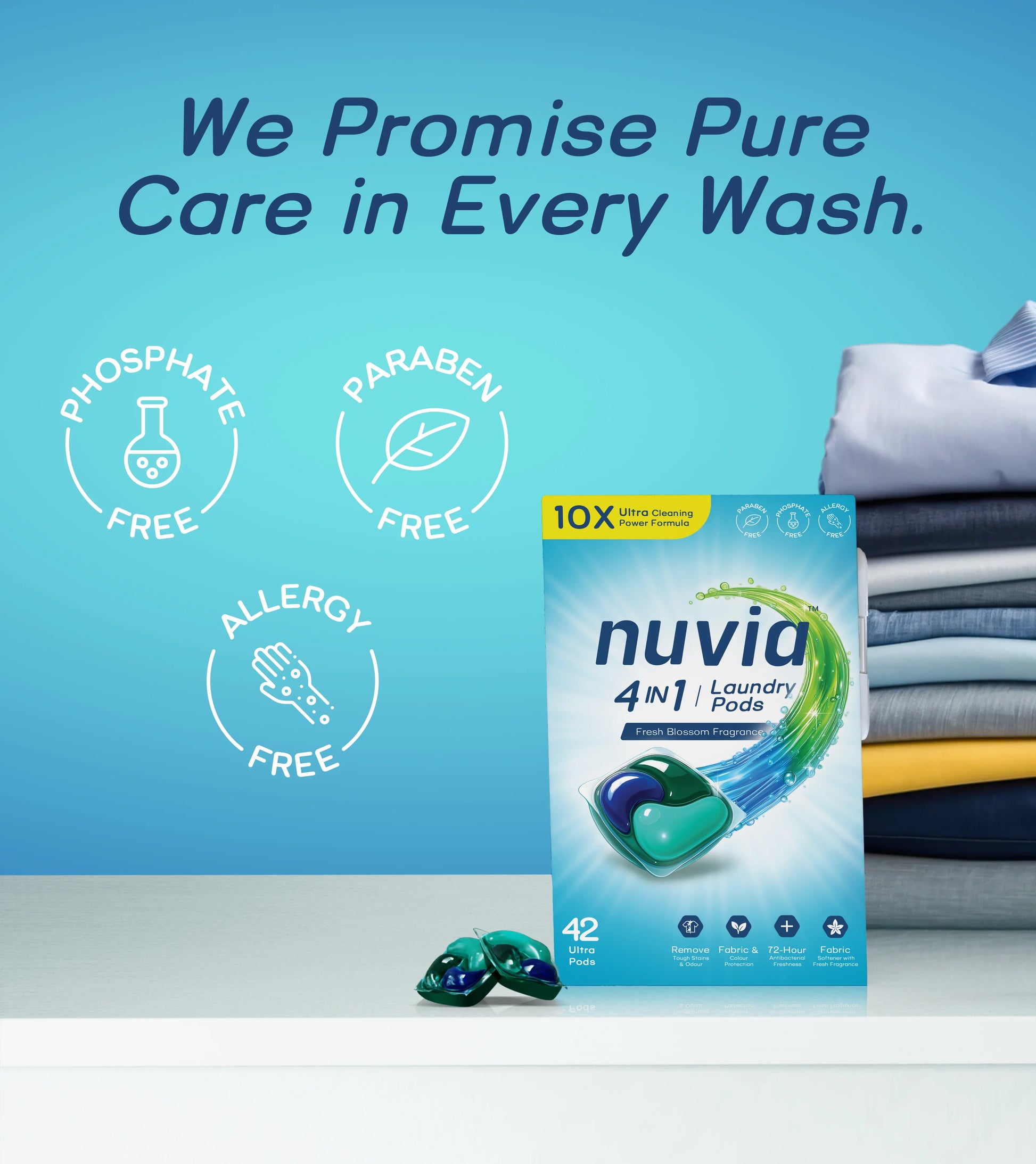 Nuvia laundry pods packaging with text 'We Promise Pure Care in Every Wash' on a blue background.