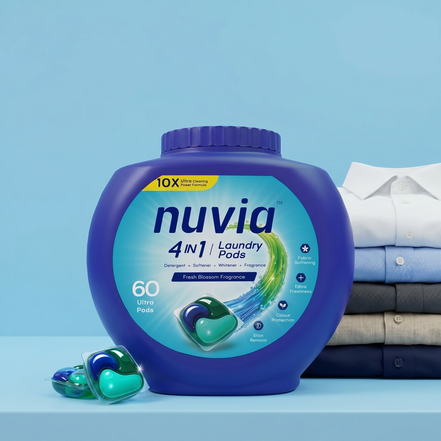 Nuvia 4-in-1 Laundry Pods - Tough Stain Removal, Long Lasting Fragrance, Easy Dissolve | For Front & Top Load Machines
